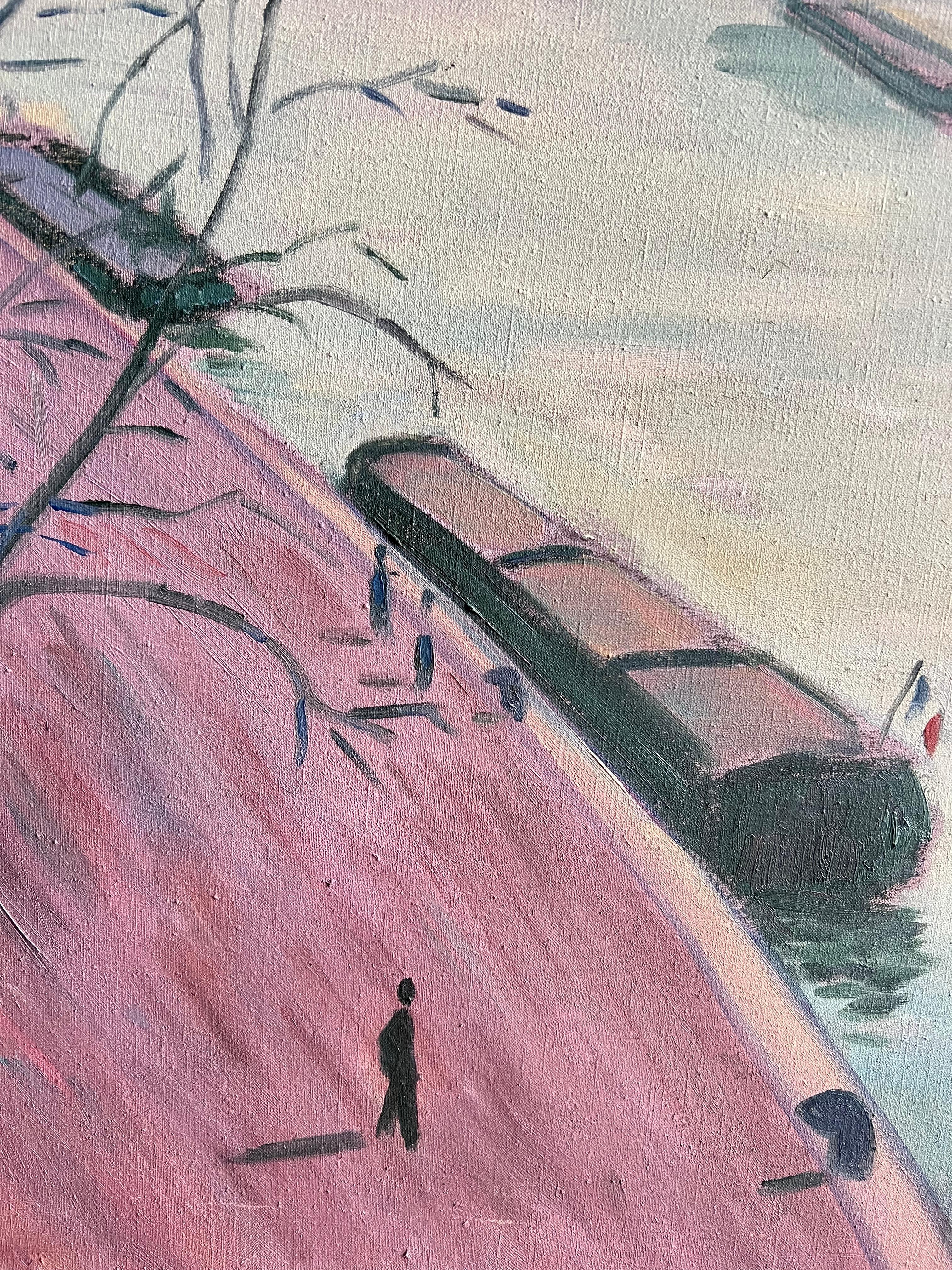 Scena fluviale francese con chiatte e ponte al tramonto Paesaggio moderno dipinto a olio - Painting Impressionismo di Guy Pichon