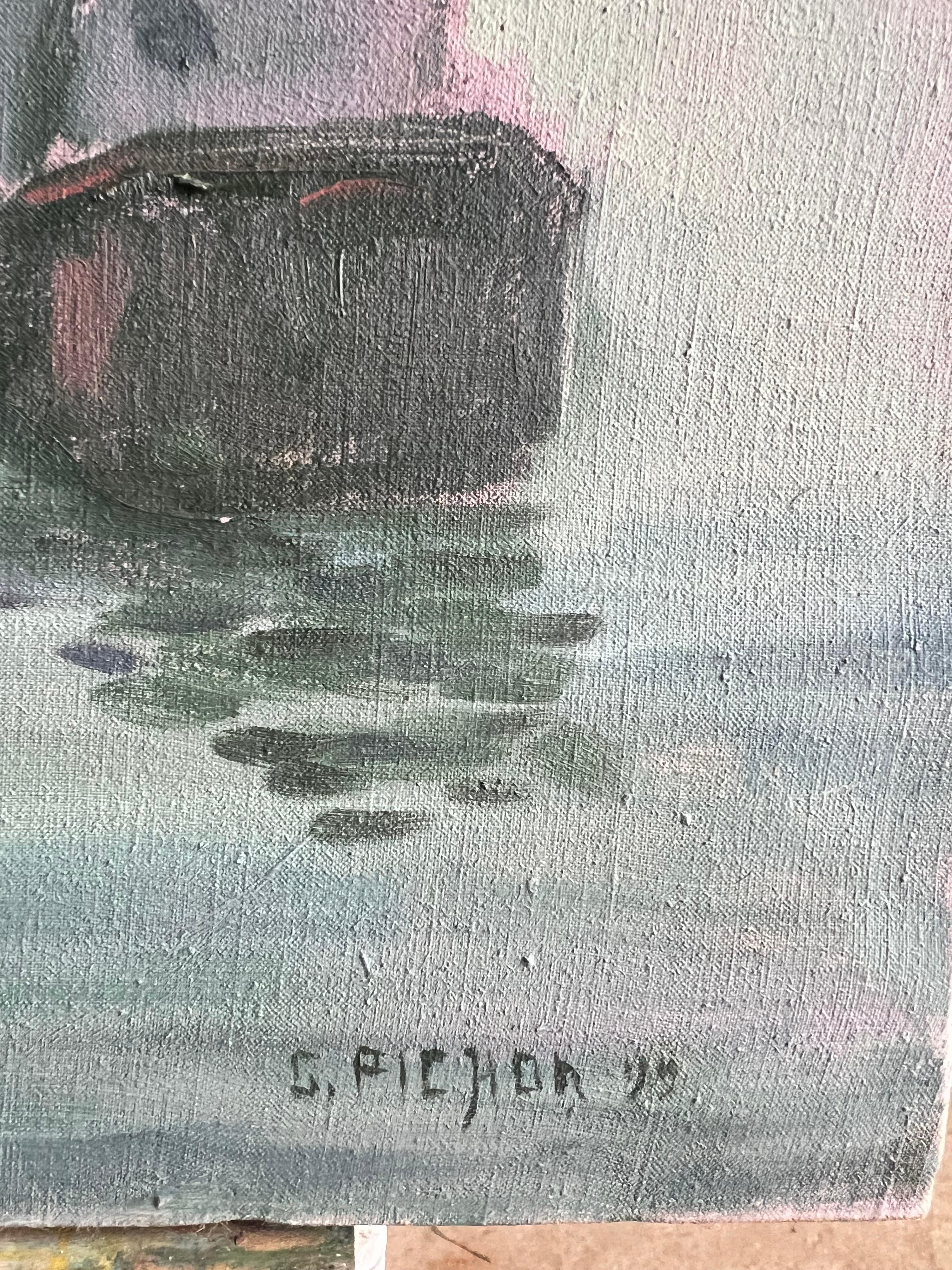 Scena fluviale francese con chiatte e ponte al tramonto Paesaggio moderno dipinto a olio - Landscape Painting Grigio di Guy Pichon