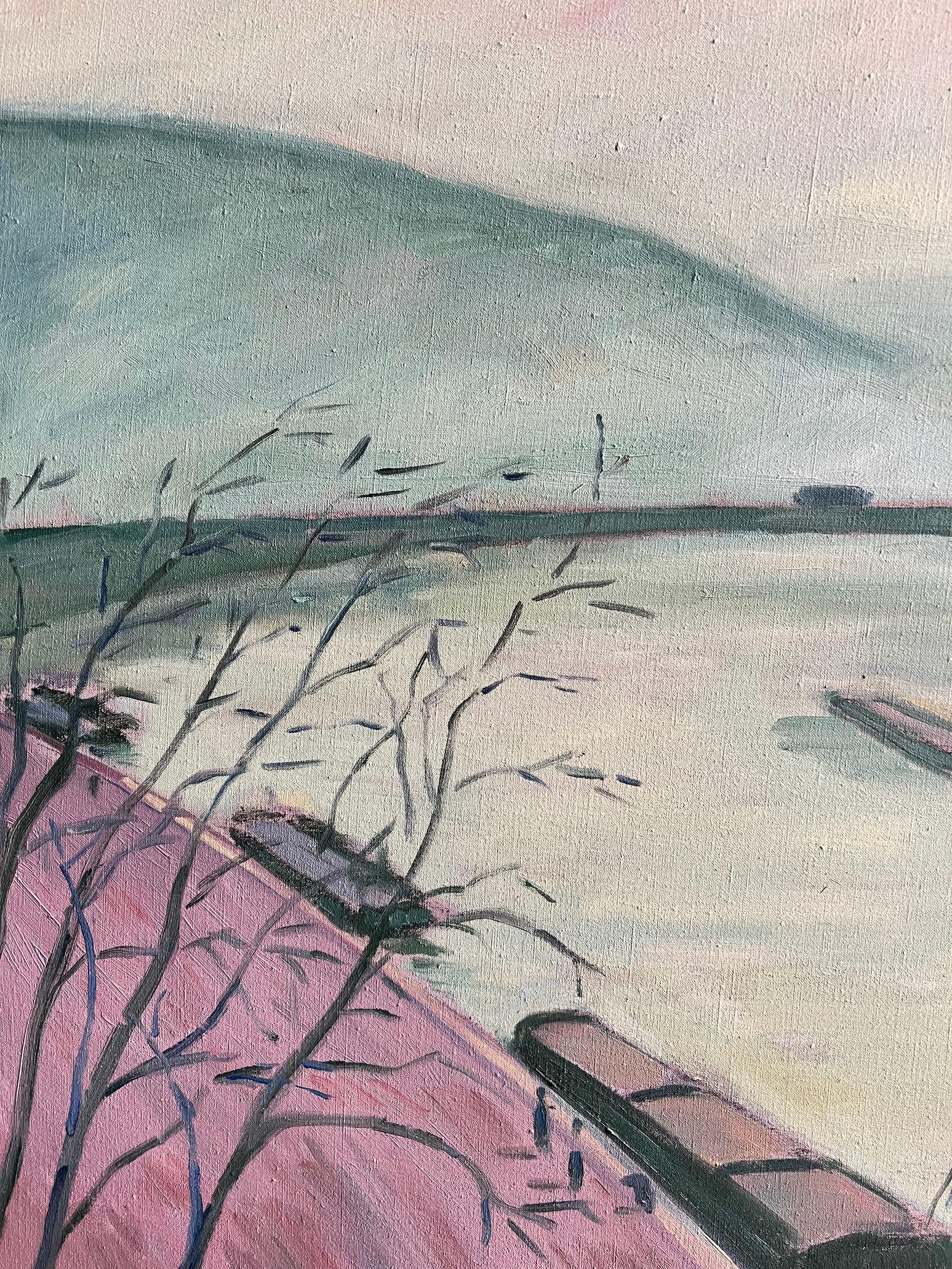 Scena fluviale francese con chiatte e ponte al tramonto Paesaggio moderno dipinto a olio in vendita 2