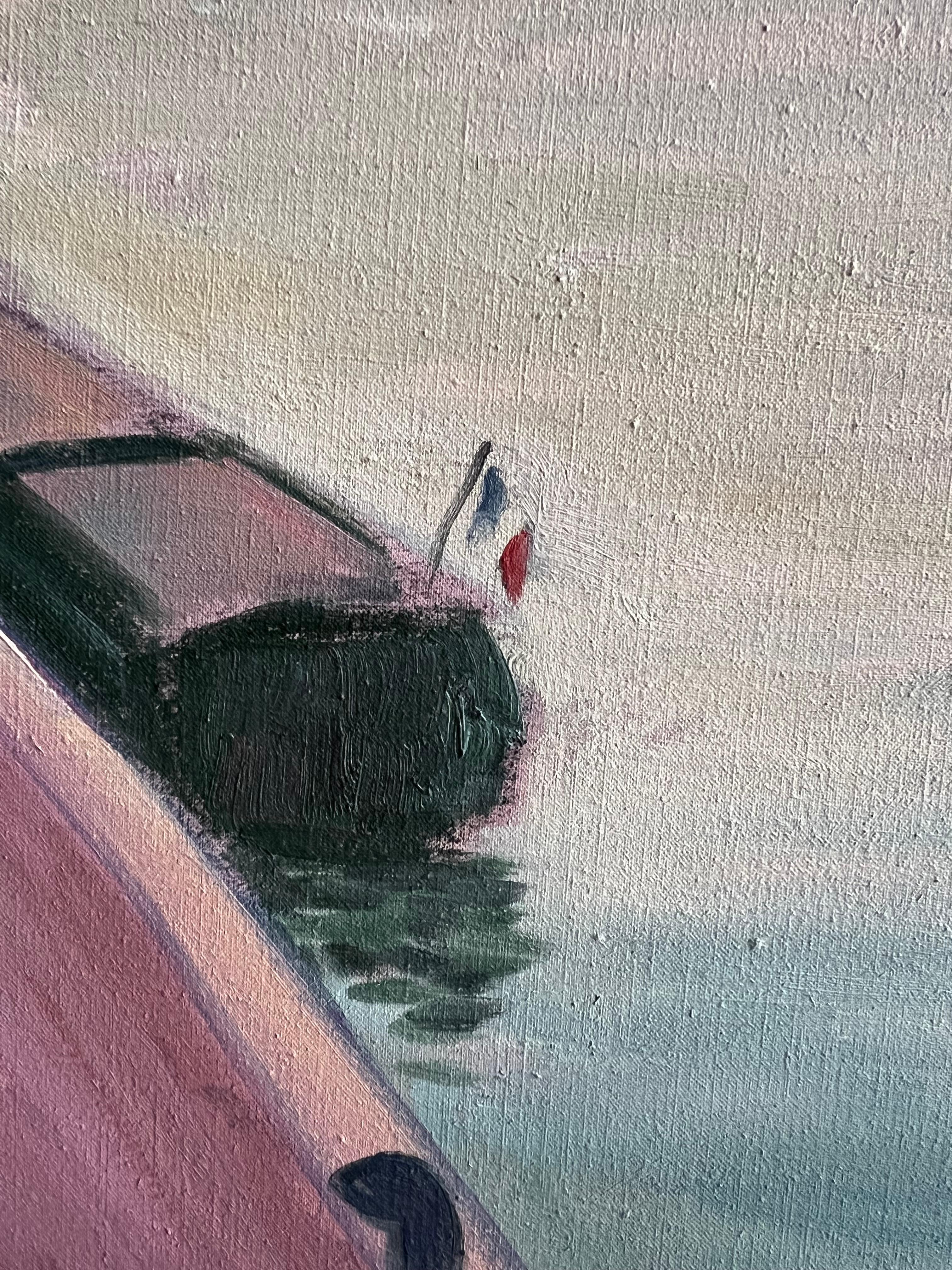 Scena fluviale francese con chiatte e ponte al tramonto Paesaggio moderno dipinto a olio in vendita 4