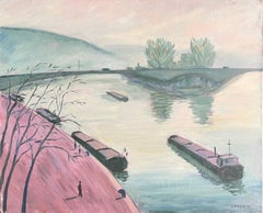 French River Scene with Barges and Bridge at Dusk Landscape Modern Oil Painting