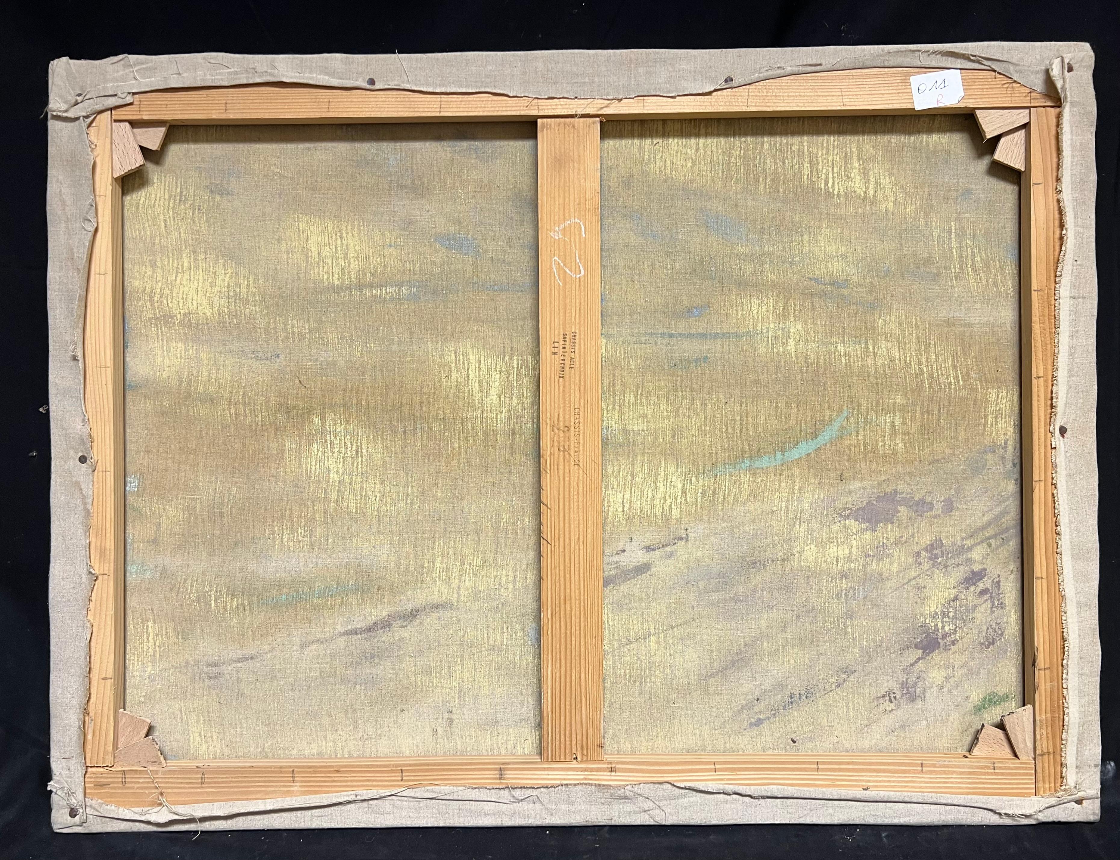 Normandía Escena frente a la playa con mar verde y cielo dramático Pintura al óleo francesa en venta 5