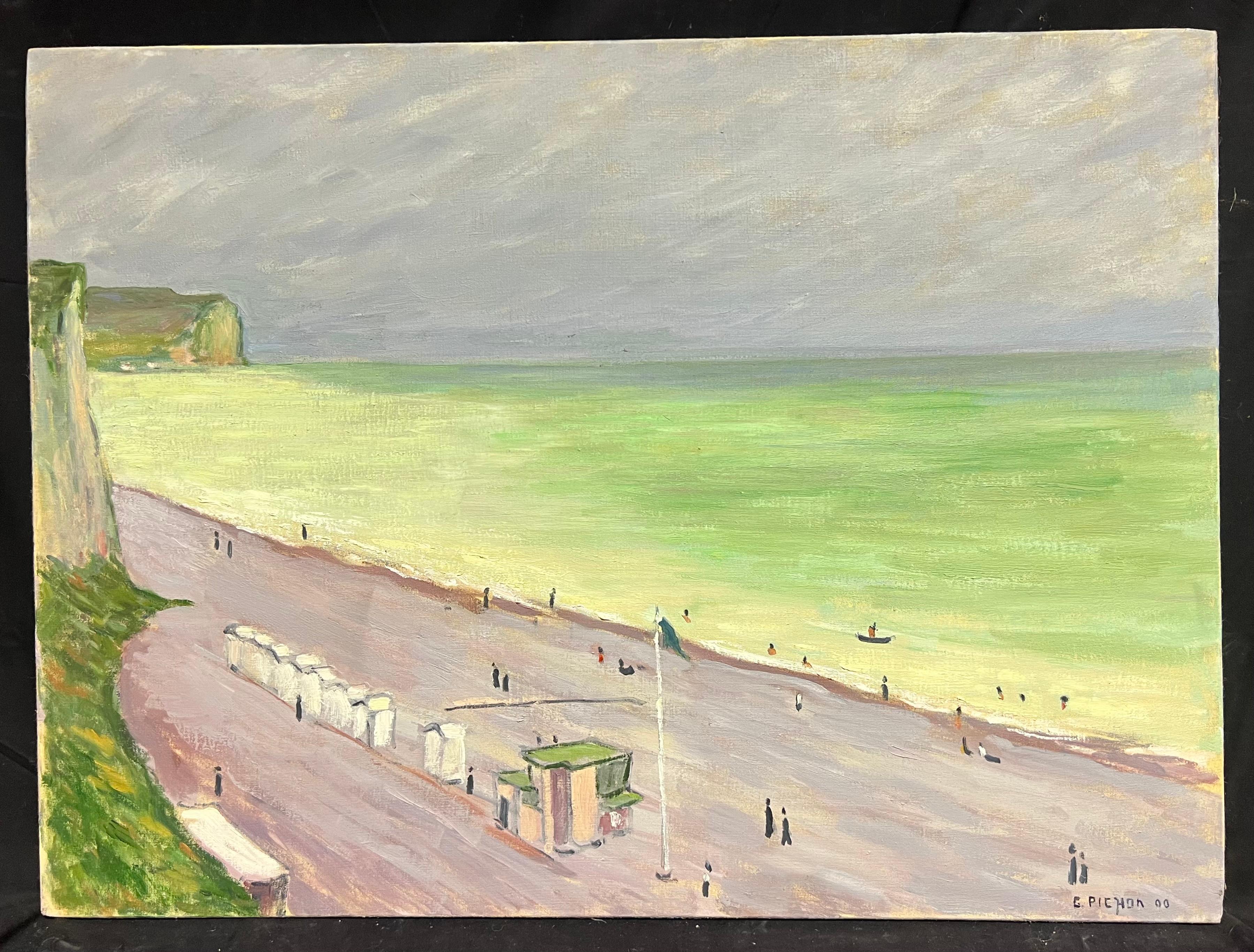 Normandía Escena frente a la playa con mar verde y cielo dramático Pintura al óleo francesa - Painting de Guy Pichon