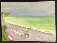 Peinture à l'huile française représentant une scène de plage en Normandie avec une mer verte et un ciel dramatique