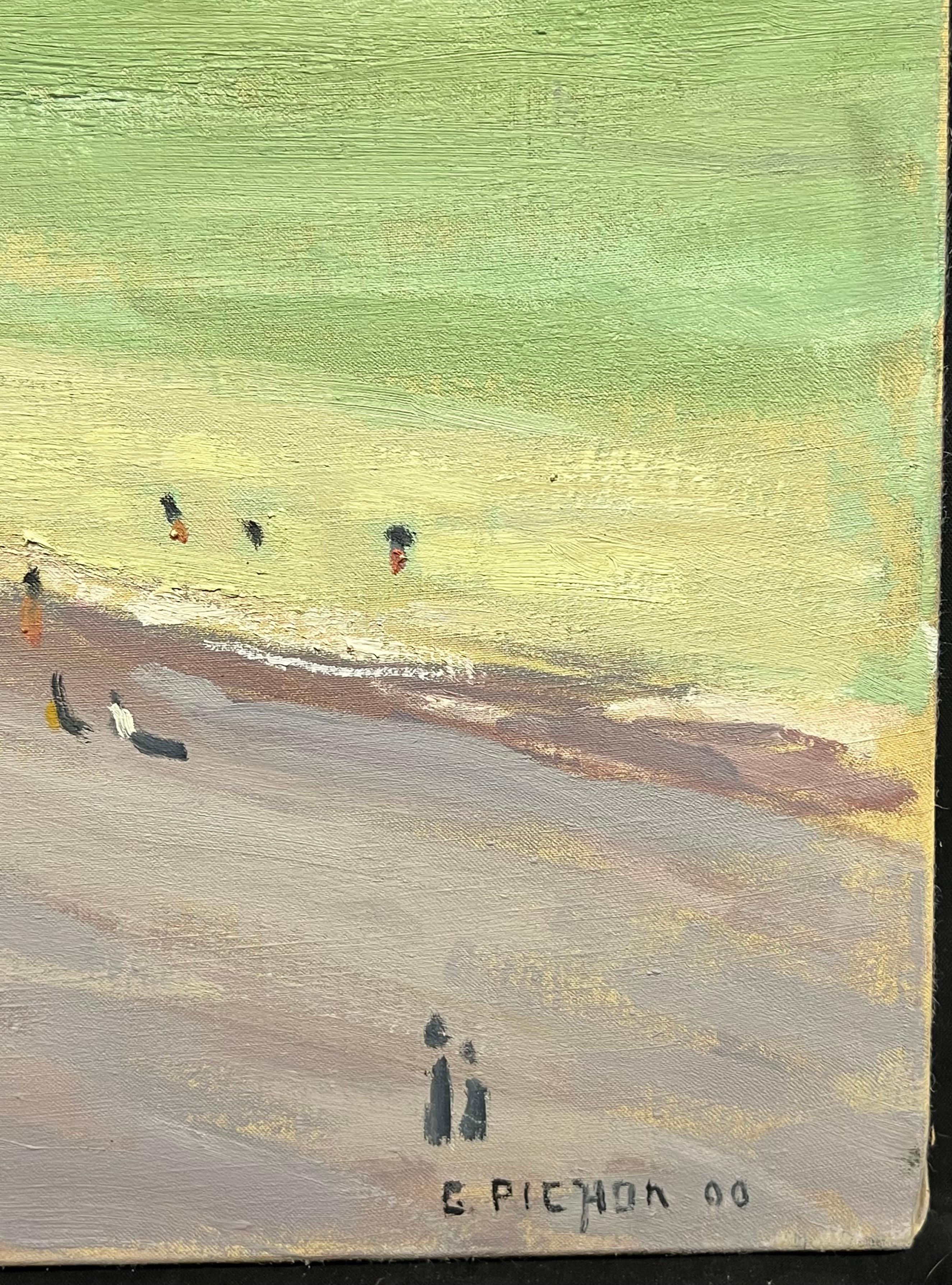 Normandía Escena frente a la playa con mar verde y cielo dramático Pintura al óleo francesa - Painting Impresionista de Guy Pichon