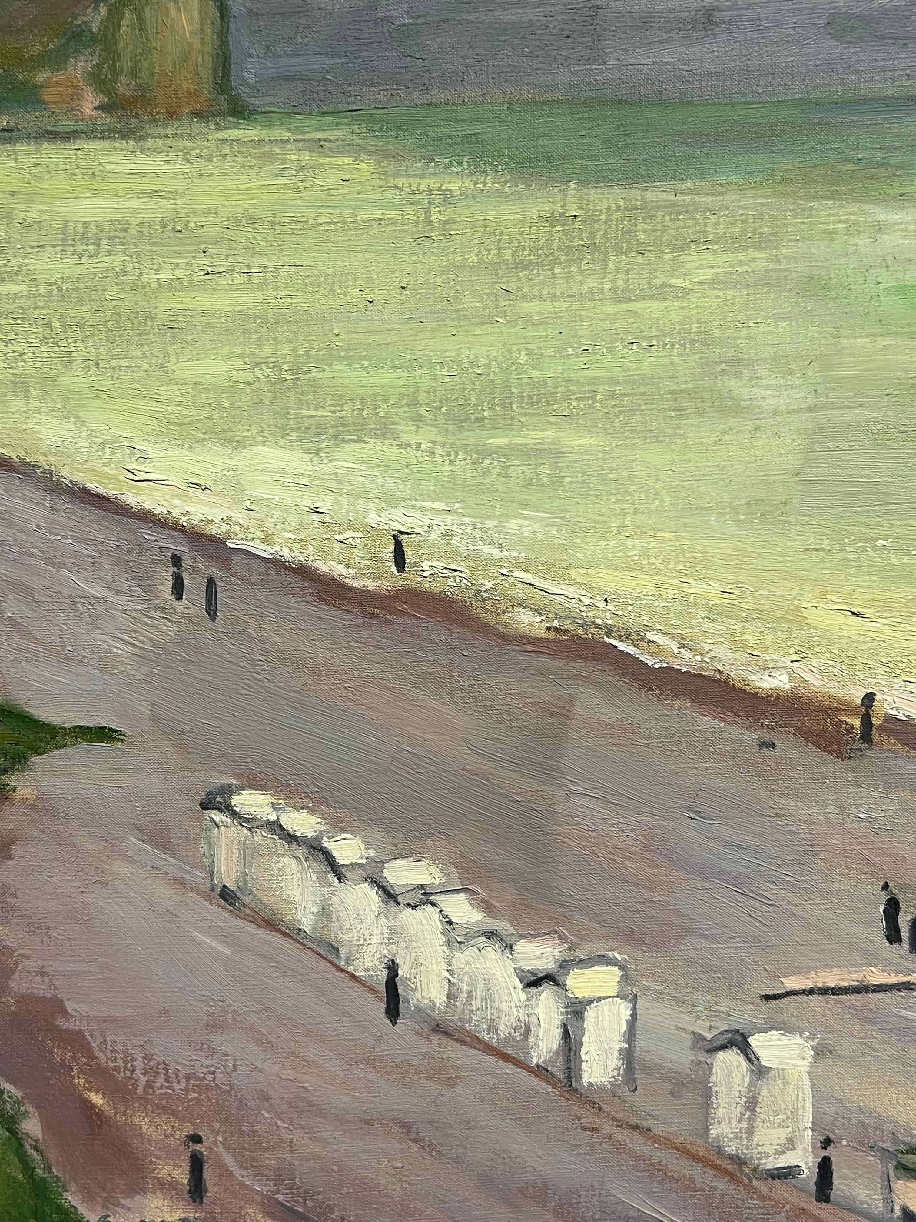 Normandía Escena frente a la playa con mar verde y cielo dramático Pintura al óleo francesa en venta 1