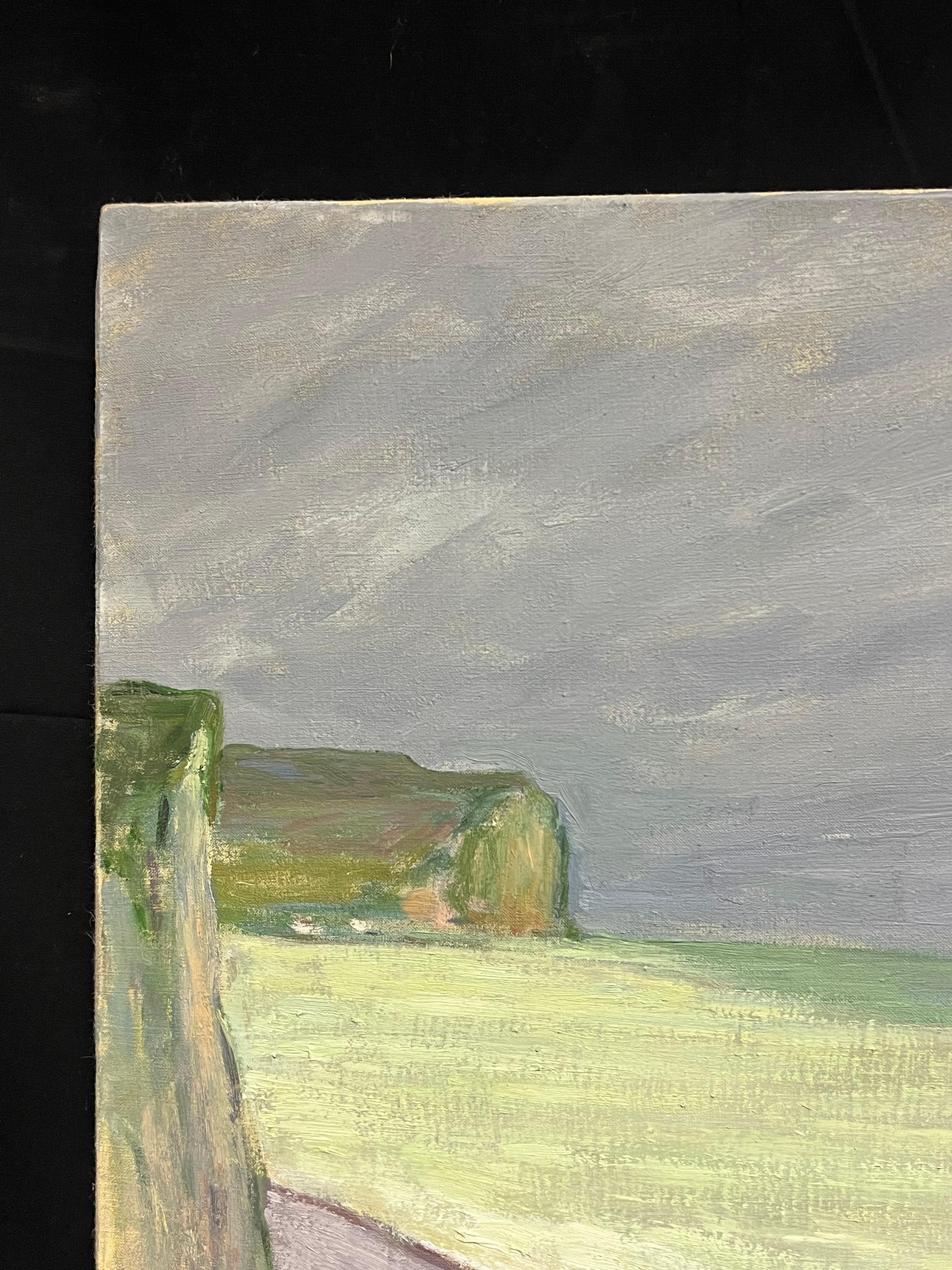 Normandía Escena frente a la playa con mar verde y cielo dramático Pintura al óleo francesa en venta 3