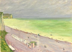 Peinture à l'huile française représentant une scène de plage en Normandie avec une mer verte et un ciel dramatique