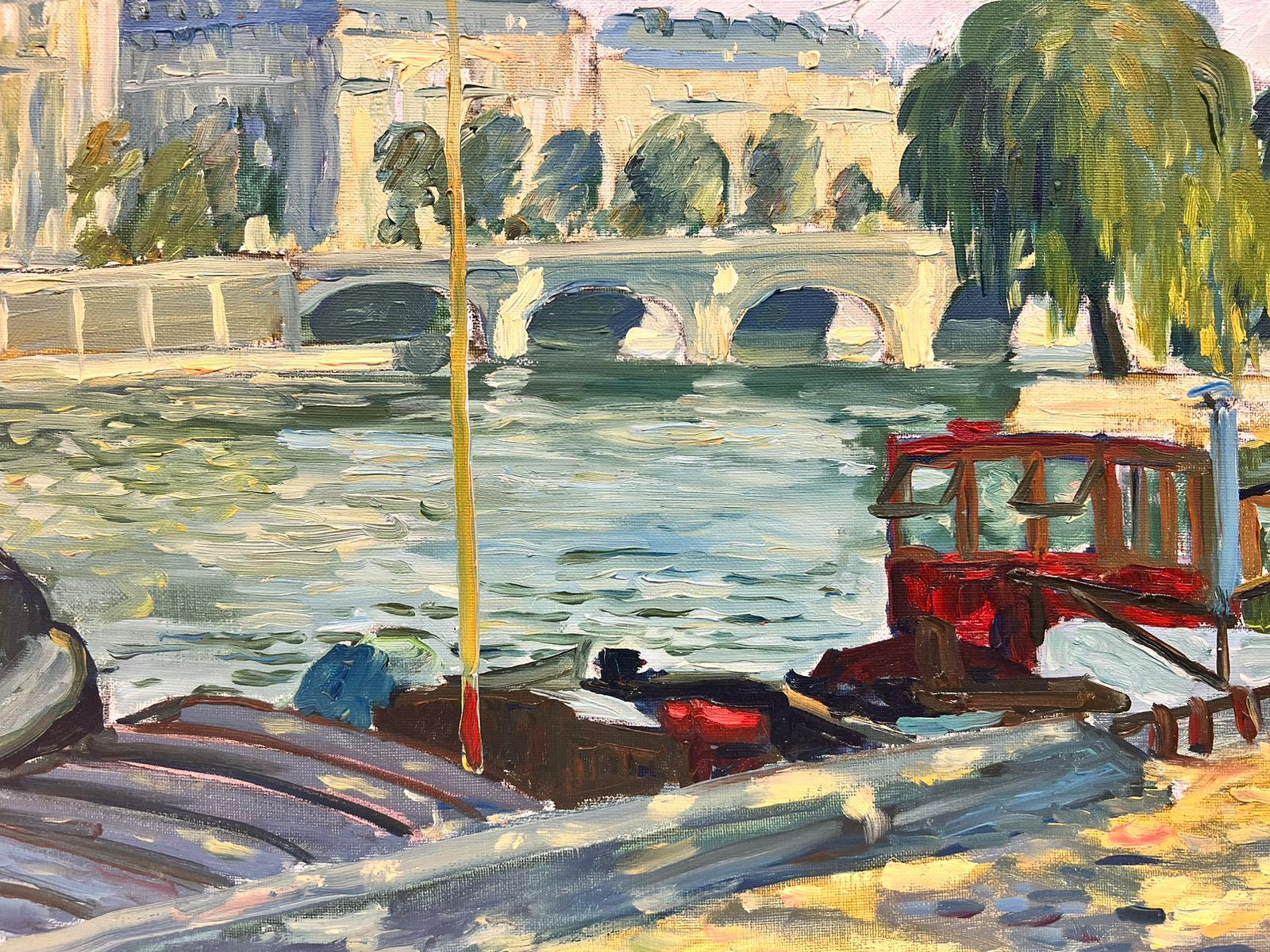 Rivière Seine Paris Skyline Summers Day Large French Impressionist Signed Oil - Impressionnisme Painting par Guy Pichon