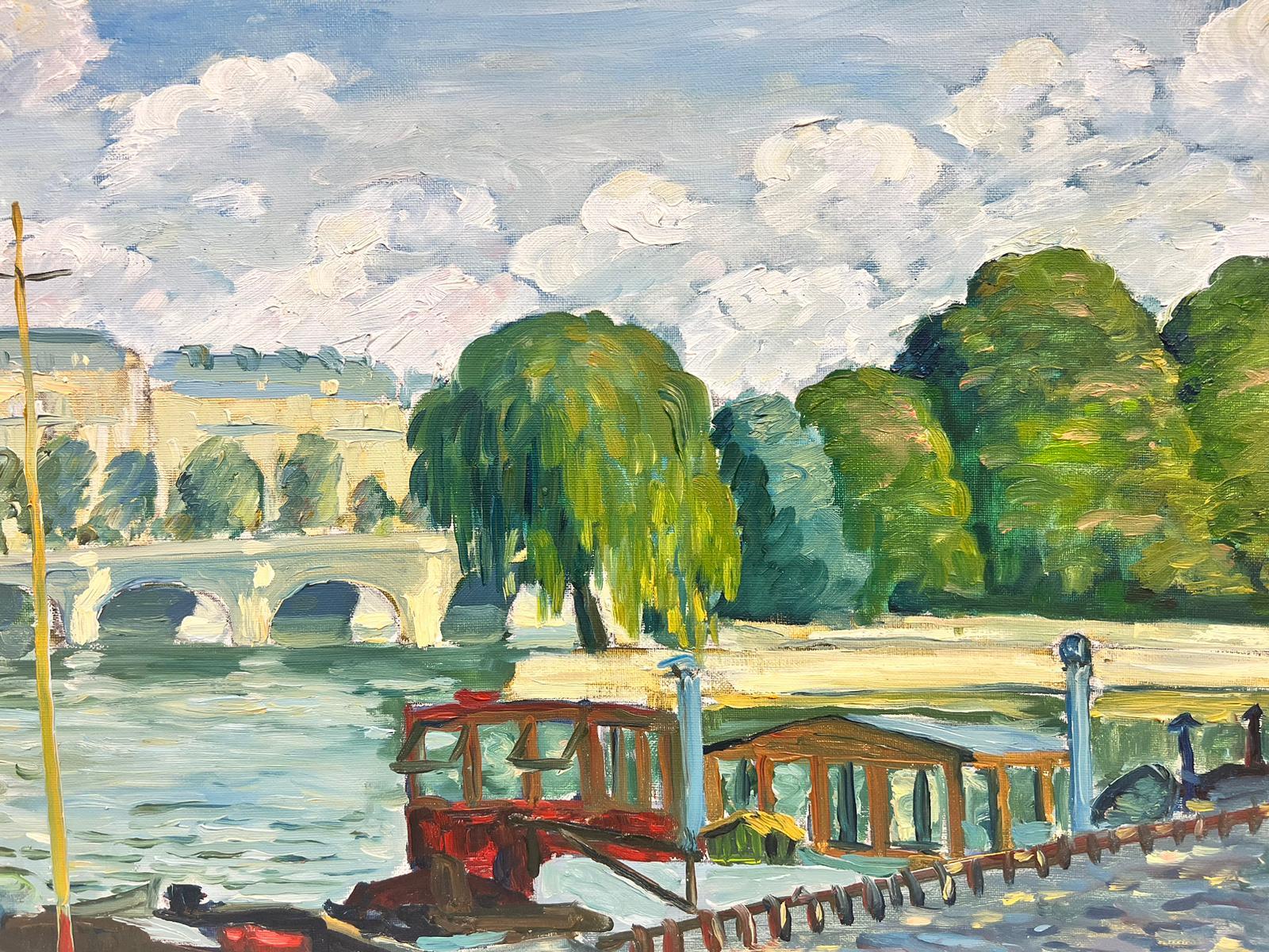 Rivière Seine Paris Skyline Summers Day Large French Impressionist Signed Oil 1