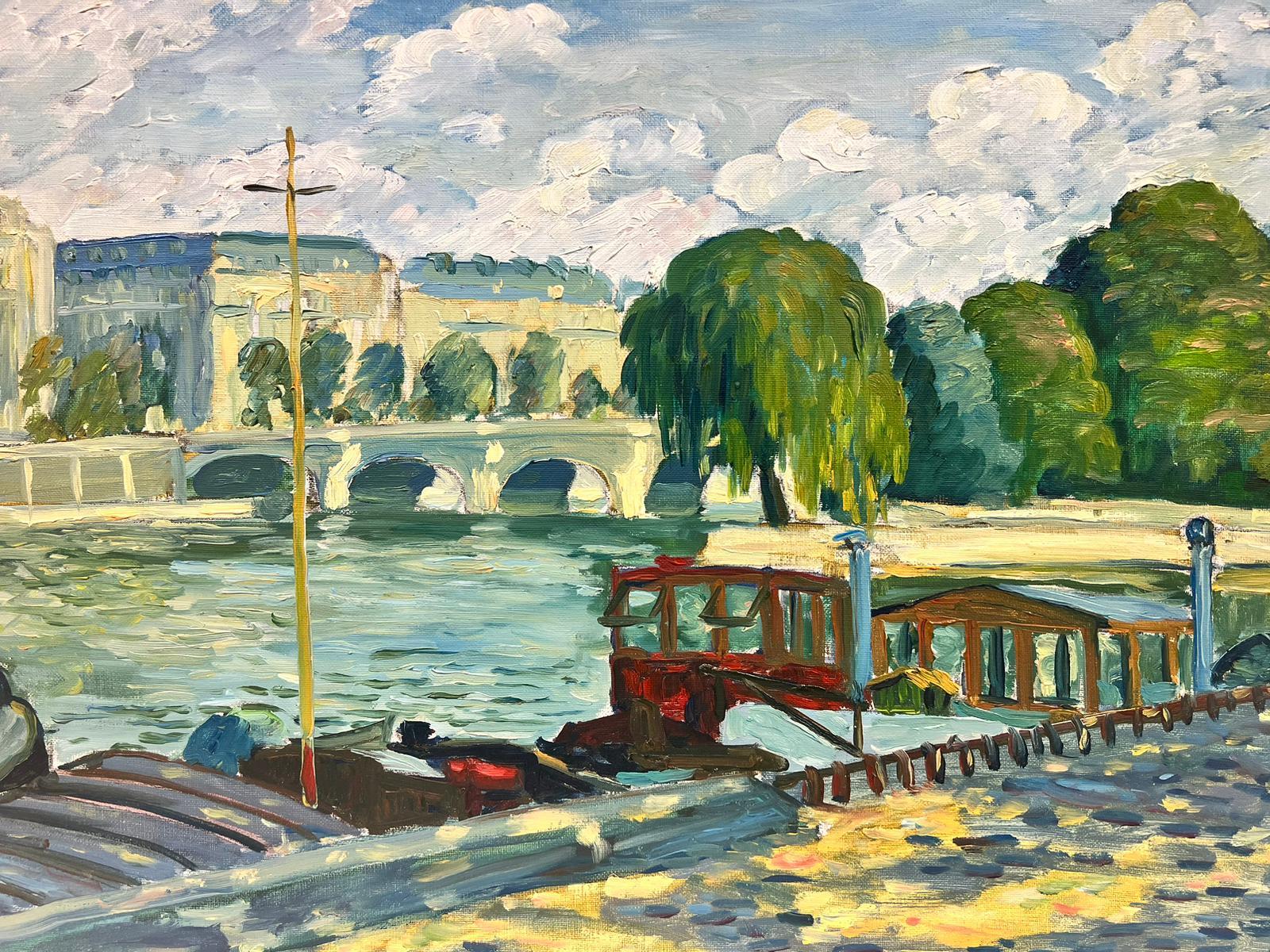 Rivière Seine Paris Skyline Summers Day Large French Impressionist Signed Oil 3