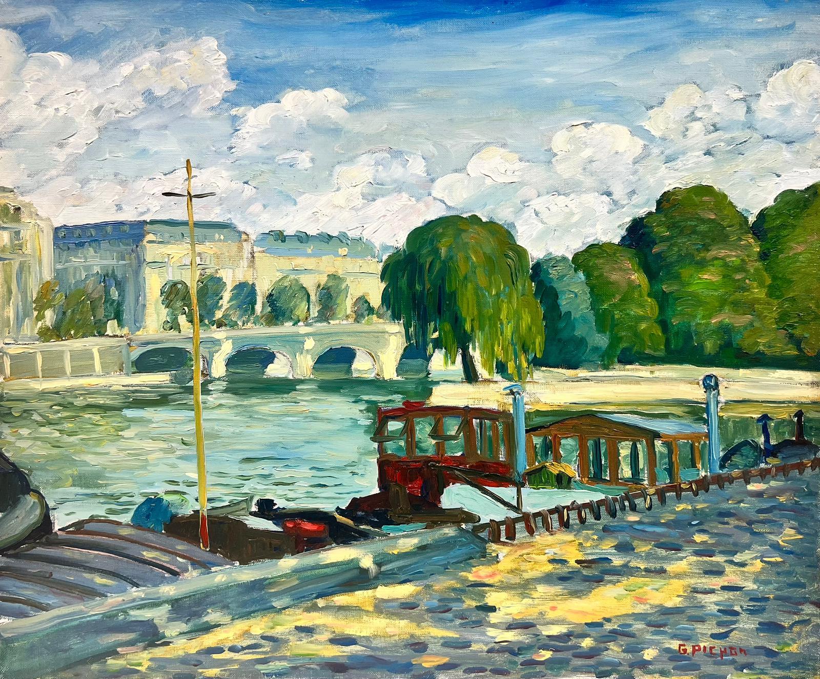 Rivière Seine Paris Skyline Summers Day Large French Impressionist Signed Oil 4
