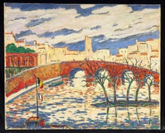 Peinture à l'huile originale du moderniste français Pont de l'Eze Pertuis Vaucluse