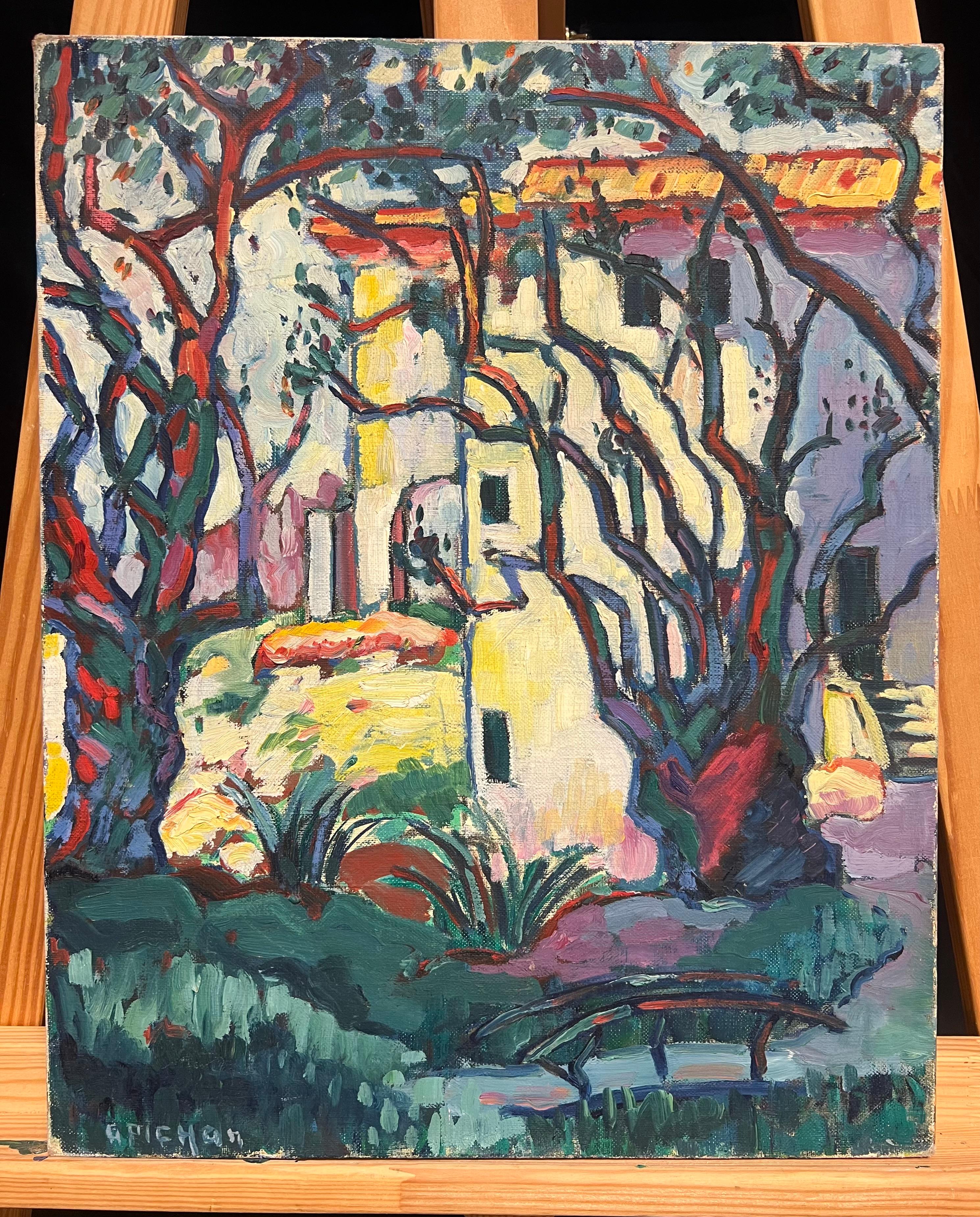 Lebendige mediterrane Villa unter Bäumen Kühnes impressionistisches Ölgemälde – Painting von Guy Pichon