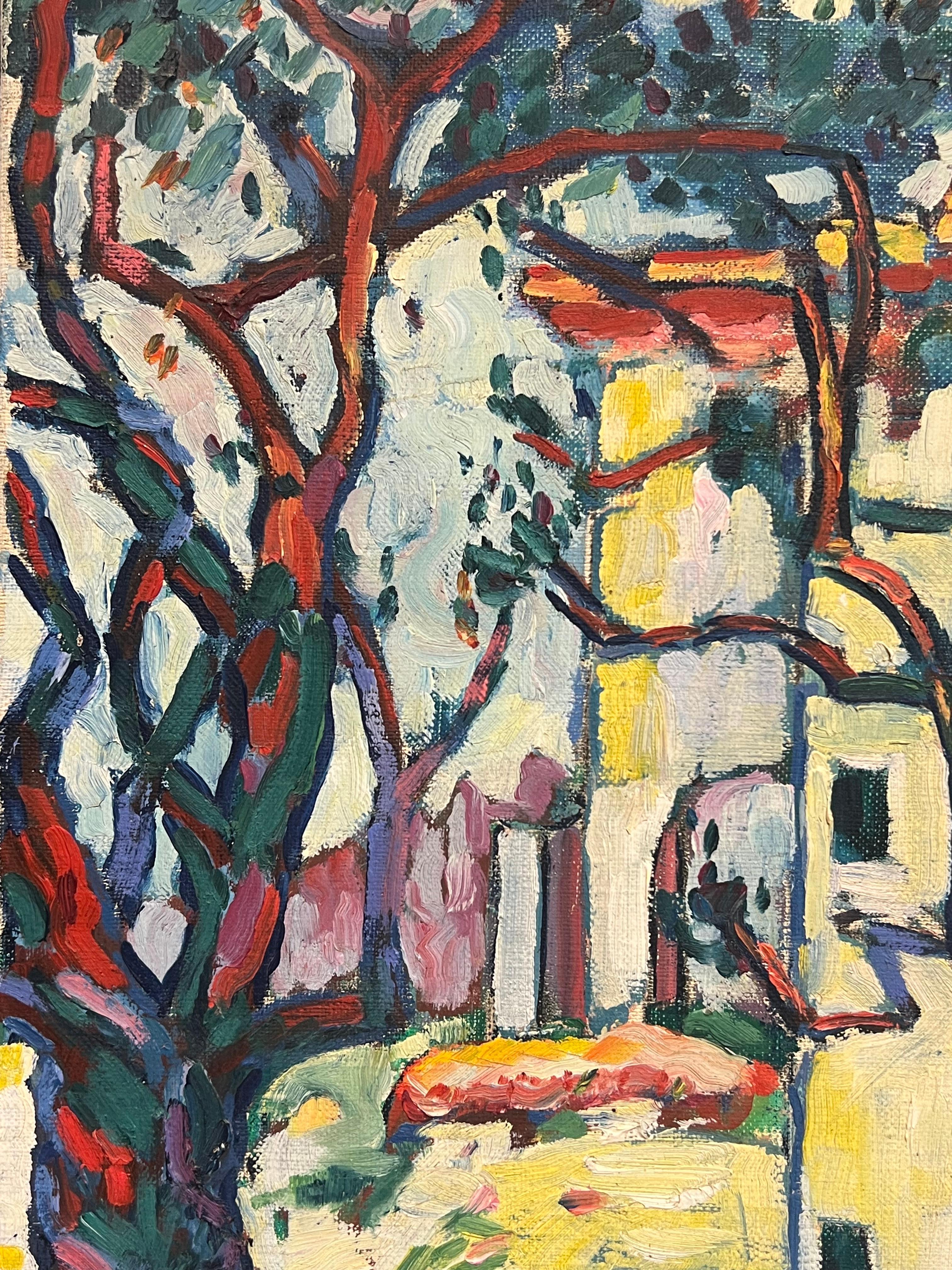 Lebendige mediterrane Villa unter Bäumen Kühnes impressionistisches Ölgemälde (Grau), Landscape Painting, von Guy Pichon