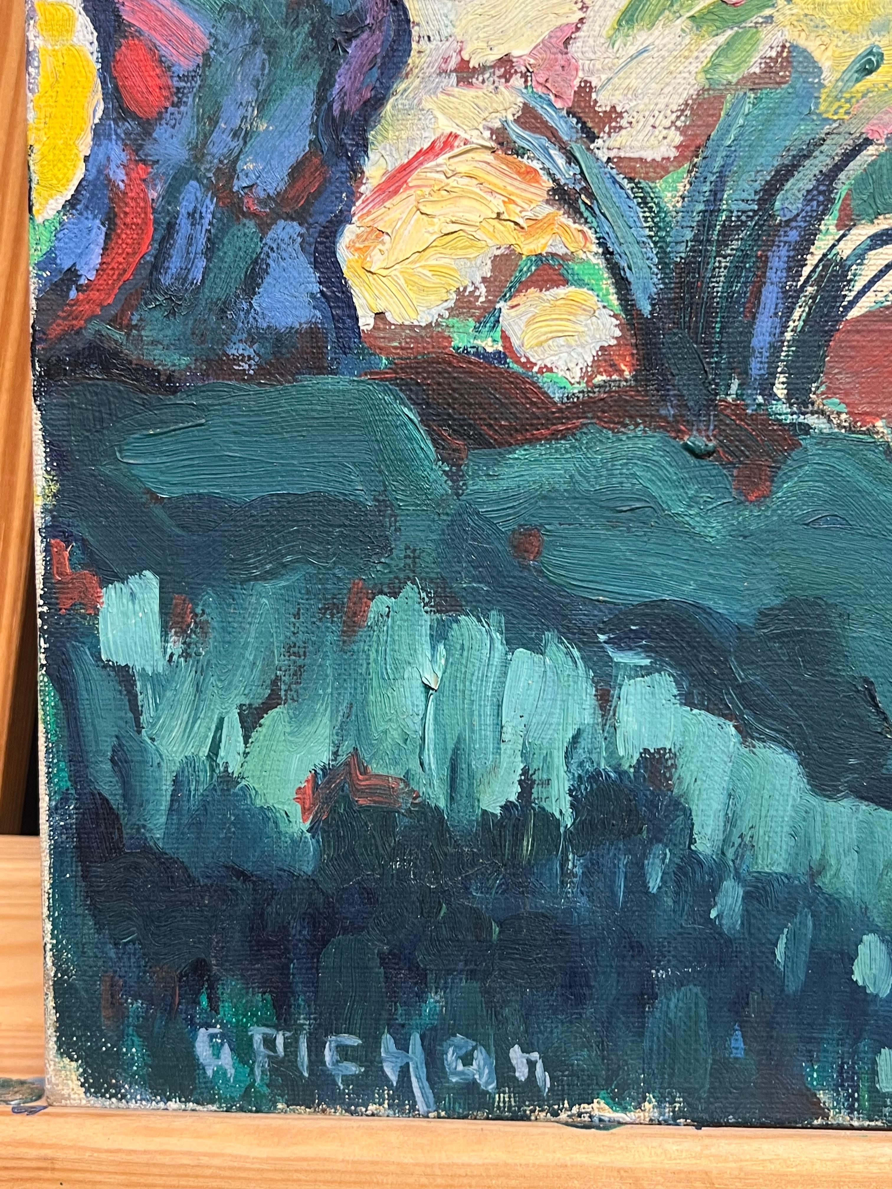 Lebendige mediterrane Villa unter Bäumen Kühnes impressionistisches Ölgemälde im Angebot 1