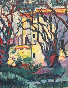 Vibrant Mediterranean Villa Among Trees Bold Impressionist Oil Painting