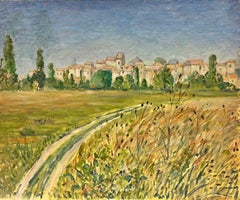 Huile sur toile impressionniste française représentant un village de Provence