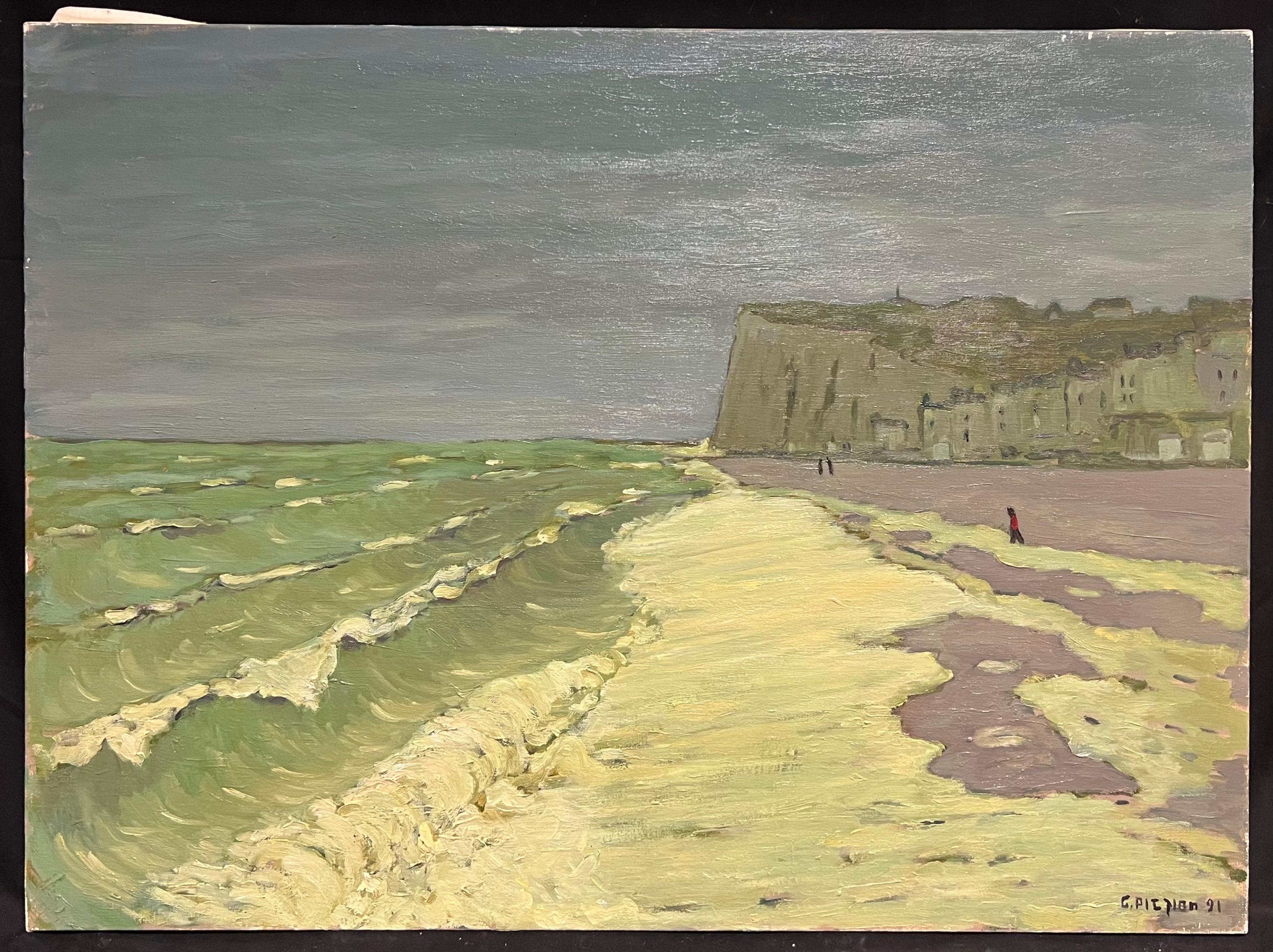 Costa ventosa Escena costera francesa con acantilados y olas verdes Normandía - Painting de Guy Pichon