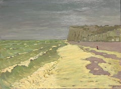 Windy Shoreline French Coastal Scene with Cliffs & Green Rolling Waves Normandy