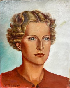 1930's French Portrait of a Young Blonde Lady in Red Shirt Signed Oil Painting