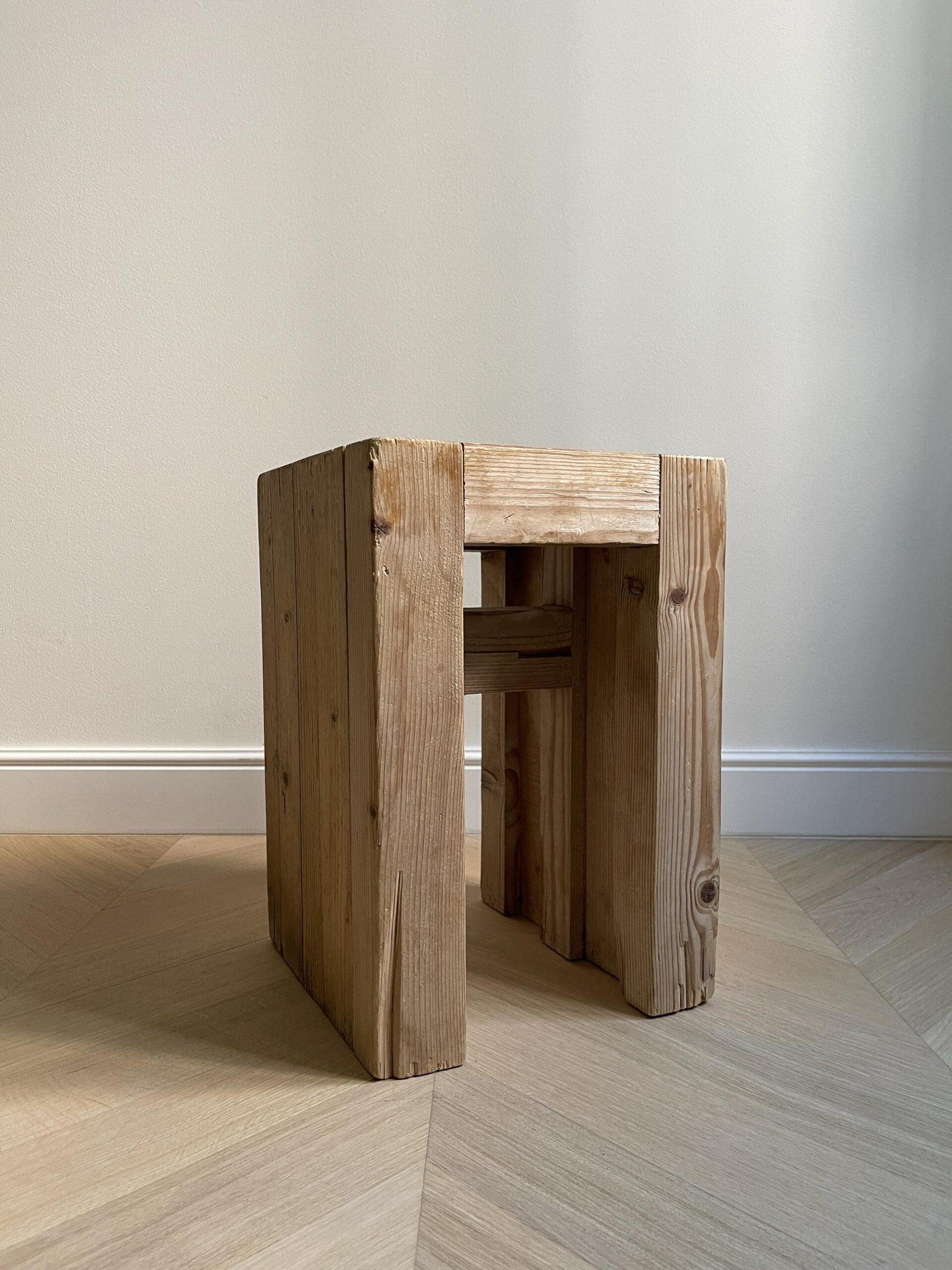 This stool is a unique collaborative effort between Guy Rey-Millet and Jean Prouvé for the Refuge du Col de la Vanoise in the Savoie region of France. After the dismantling of the Refuge, the furniture was cleaned and dispatched to various dealers.