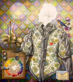 "Alas, Again (Self Portrait in Absentia)" - surrealist portriat, bird, pattern