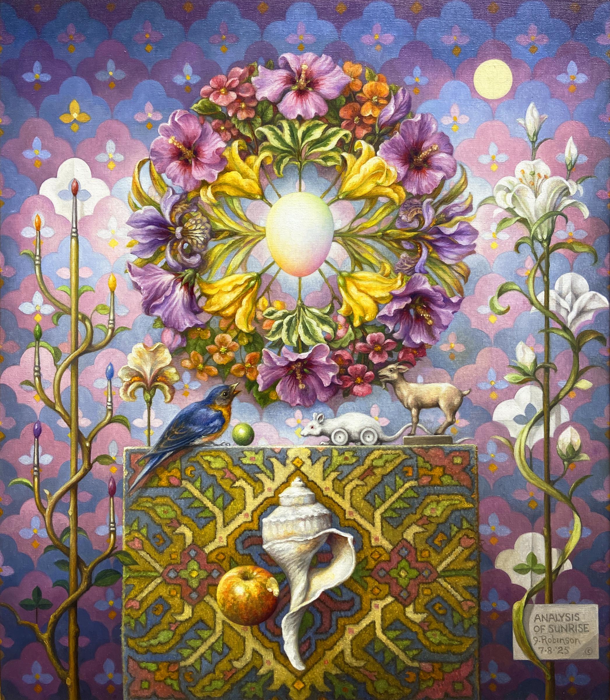 "Analysis of a Sunrise" - surrealist still life, flowers, patterns, animals