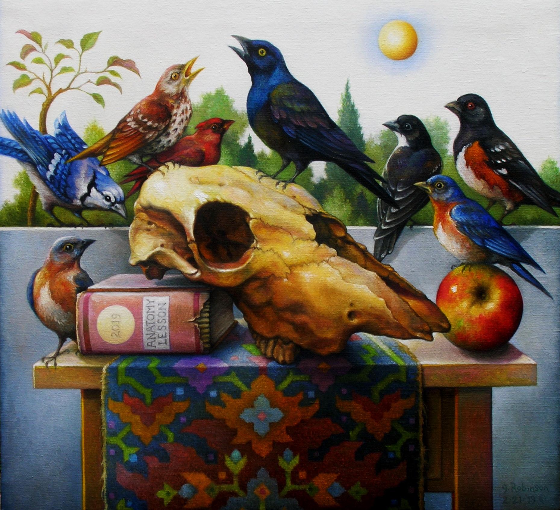 Still-Life Painting de Guy Robinson - "Lección de Anatomía" - Pintura Surrealista Geométrica - Bodegón Cráneo - Arcimboldo
