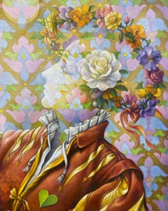 "Angels Dancing" - surrealist figurative painting, flowers, patterns, apples