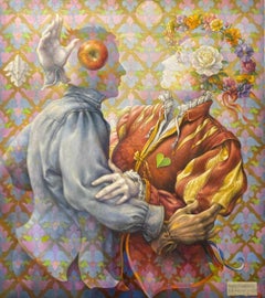 "Angels Dancing" - surrealist figurative painting, flowers, patterns, apples