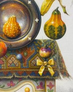 "Another Paranoid Still Life" - surrealist still life painting, food, bird, book