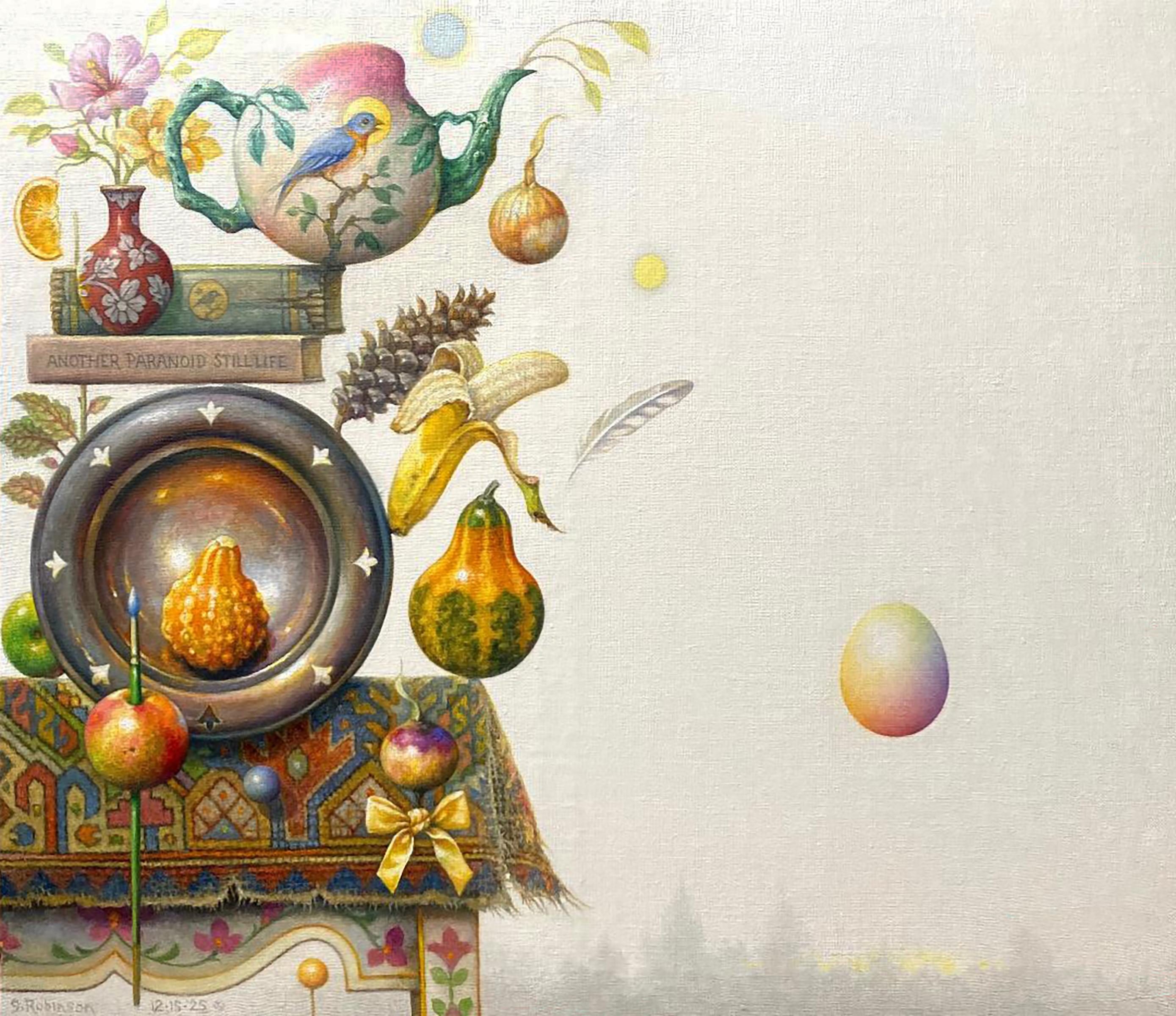 Guy Robinson Still-Life Painting - "Another Paranoid Still Life" - surrealist still life painting, food, bird, book