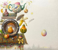 "Another Paranoid Still Life" - surrealist still life painting, food, bird, book