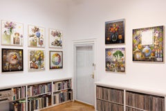 "Another Vanitas 2" - surrealist still life, objects, flowers, books, pattern