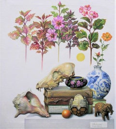 "Another Vanitas 2" - nature morte surréaliste, objets, fleurs, livres, motif.