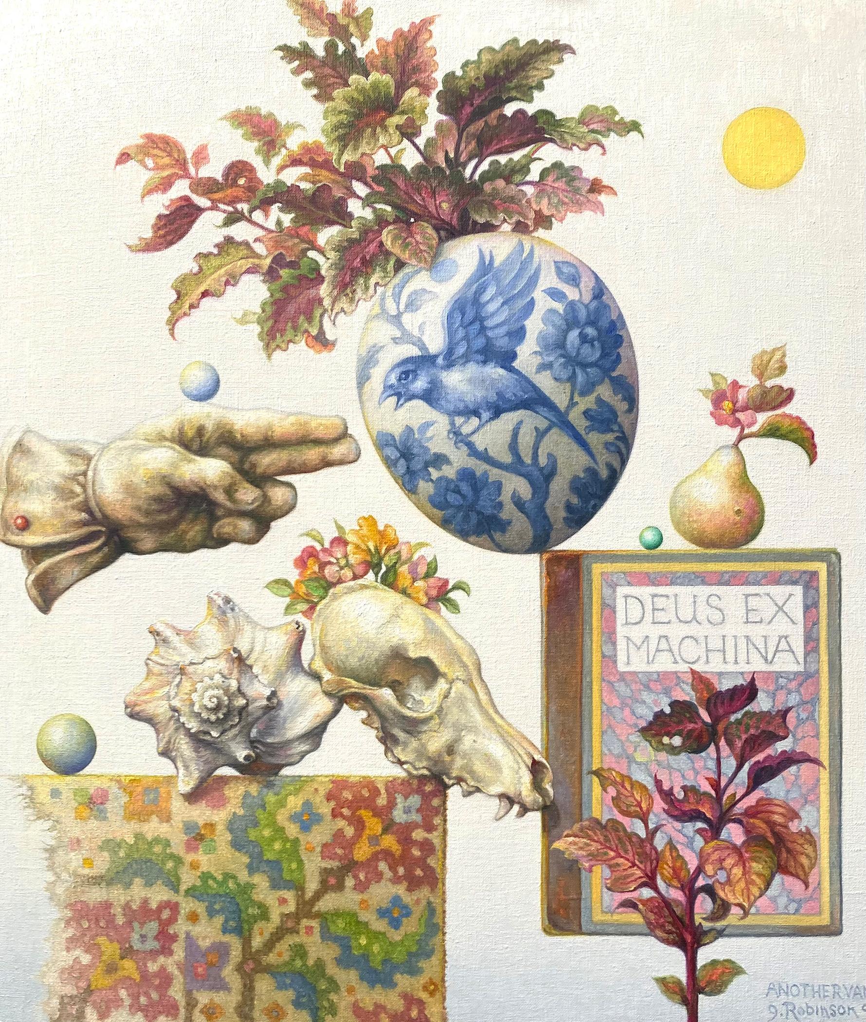 Still-Life Painting de Guy Robinson - "Otra Vanitas 2" - bodegón surrealista, objetos, flores, libros, motivo