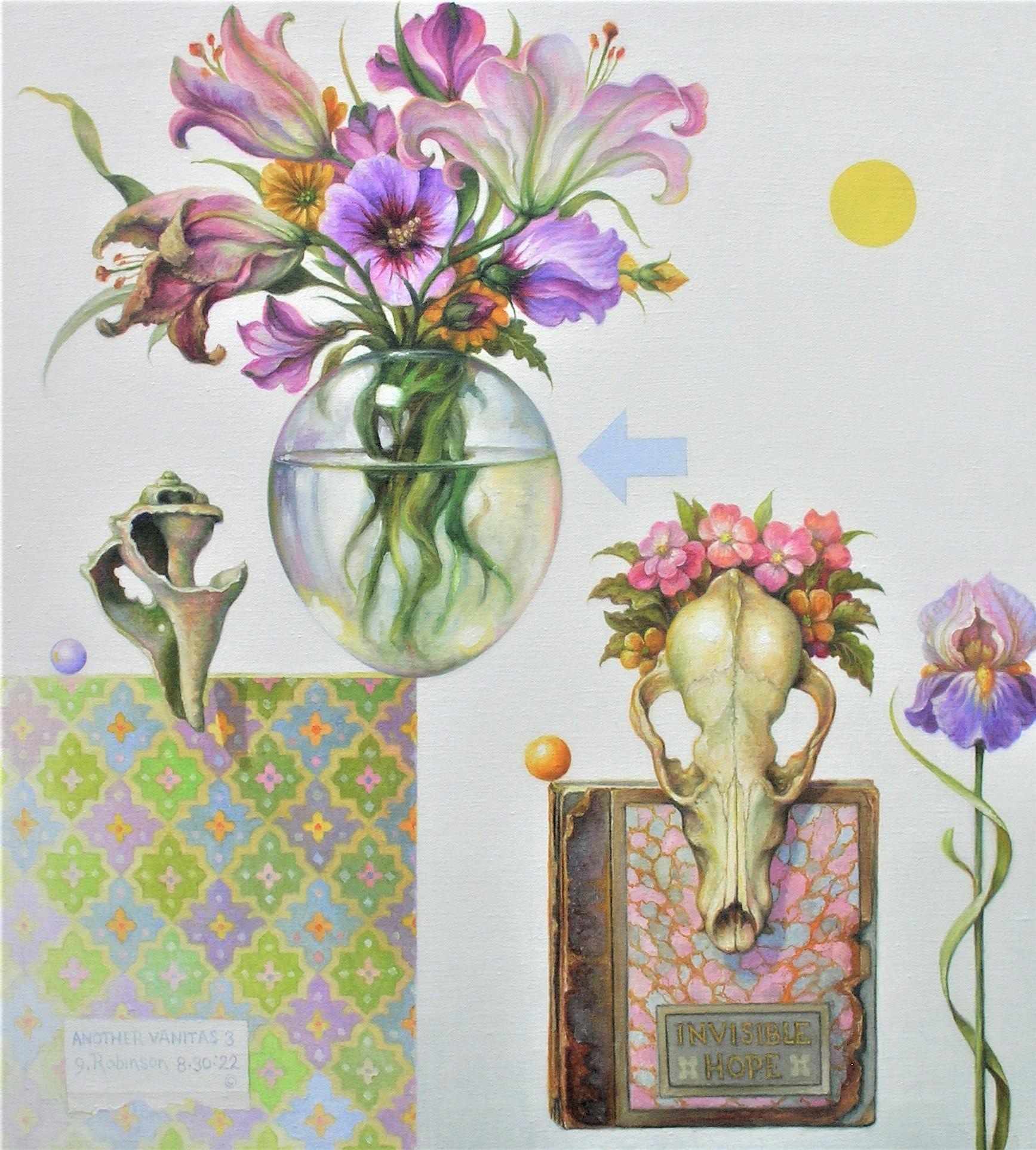 Still-Life Painting de Guy Robinson - "Otra Vanitas 3" - bodegón surrealista, objetos, flores, libros, motivo