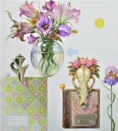 "Another Vanitas 3" - surrealist still life, objects, flowers, books, pattern