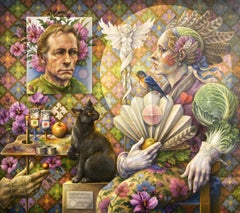 "Conversation With The Muse" - surrealist figurative painting, patterns, cat