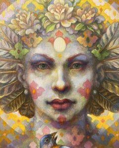 «Ángel inquietante» - pintura figurativa surrealista, motivos, manzana, pájaro azul