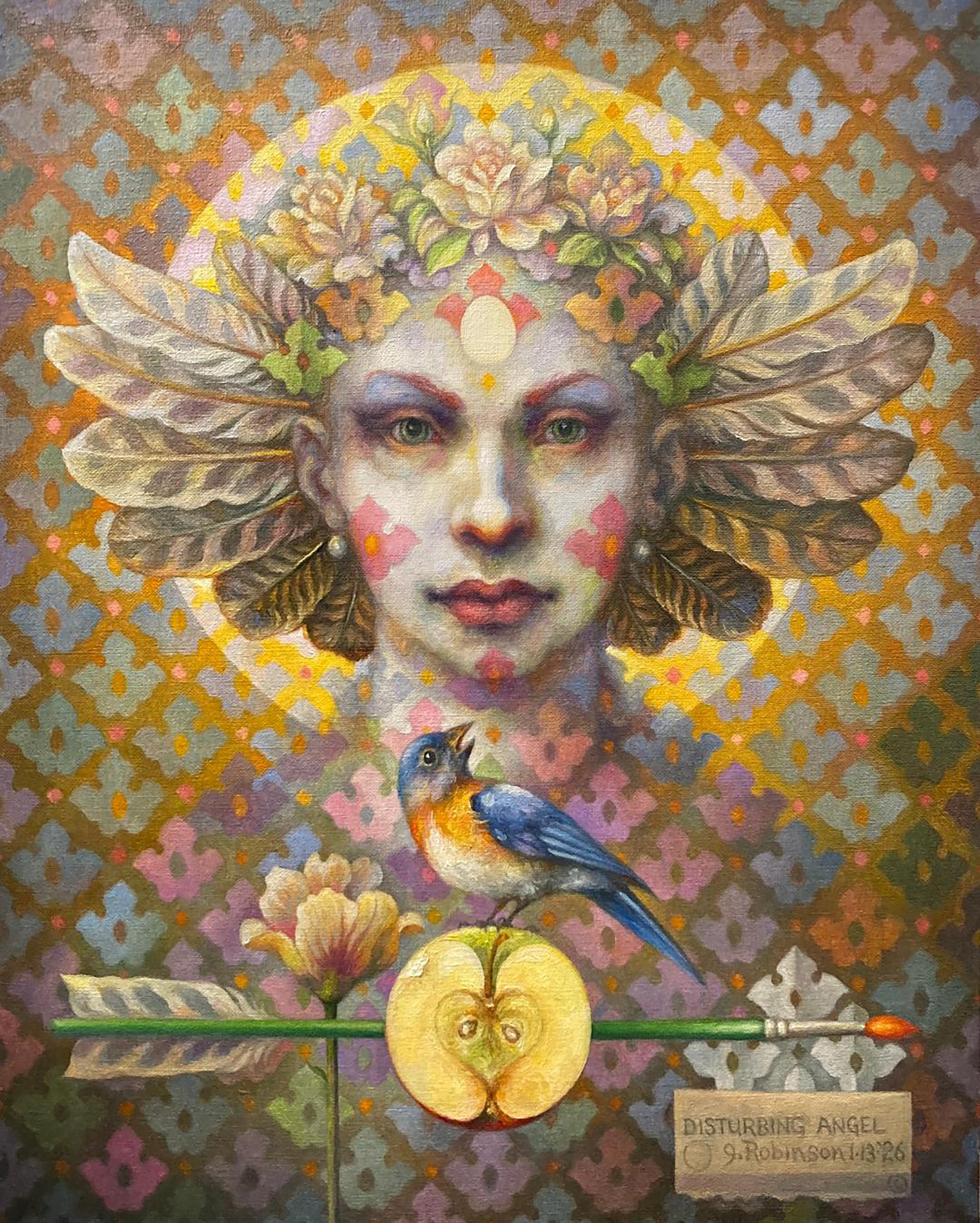 Still-Life Painting Guy Robinson - « Disturbing Angel » - peinture figurative surréaliste, motifs, pomme, oiseau bleu