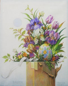 "Easter" - surrealist still life, objects, flowers, egg, colorful, patterns