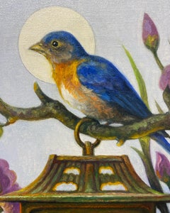 "Evening" - surrealist still life painting, patterns, blue bird, egg, iris