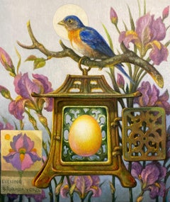 "Evening" - surrealist still life painting, patterns, blue bird, egg, iris
