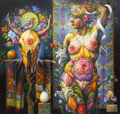 ""Flora #2"" - Geometrisches surrealistisches Gemälde - Nackt - Arcimboldo