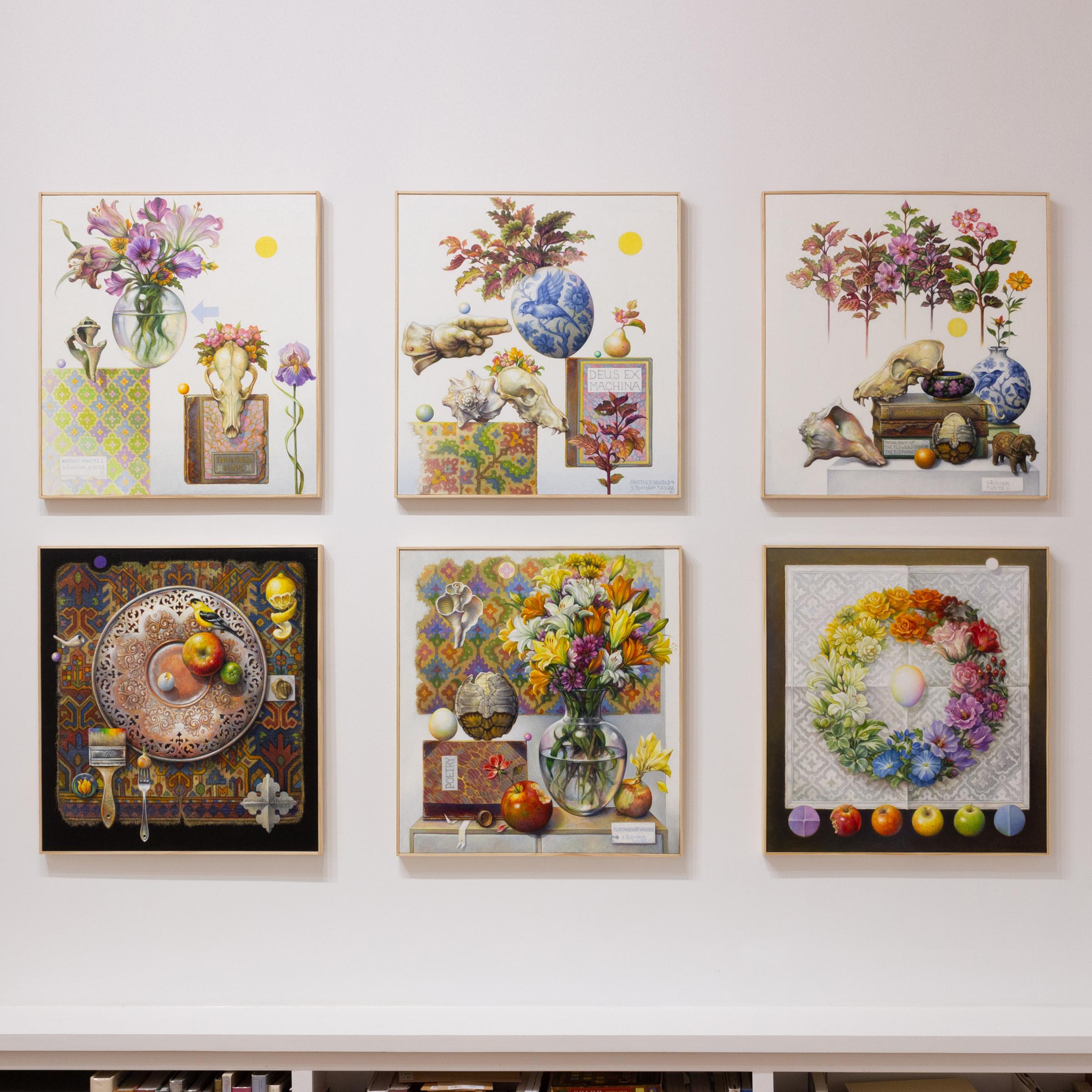 This painting features hues of green, purple and blue.
This surrealist still life features flowers, an onion, a book of poetry and shells.

Guy Robinson is inspired by the work of Paul Klee, Albrecht Durer and Giuseppe Arcimboldo.

Guy Robinson is