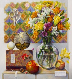 "Just Another Vanitas" - surrealist still life, flowers, shells, apple, pattern