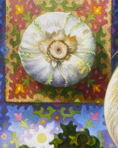"Just Another Vegetable Totem" - surrealist still life painting, patterns, bird