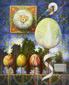 "Just Another Vegetable Totem" - surrealist still life painting, patterns, bird